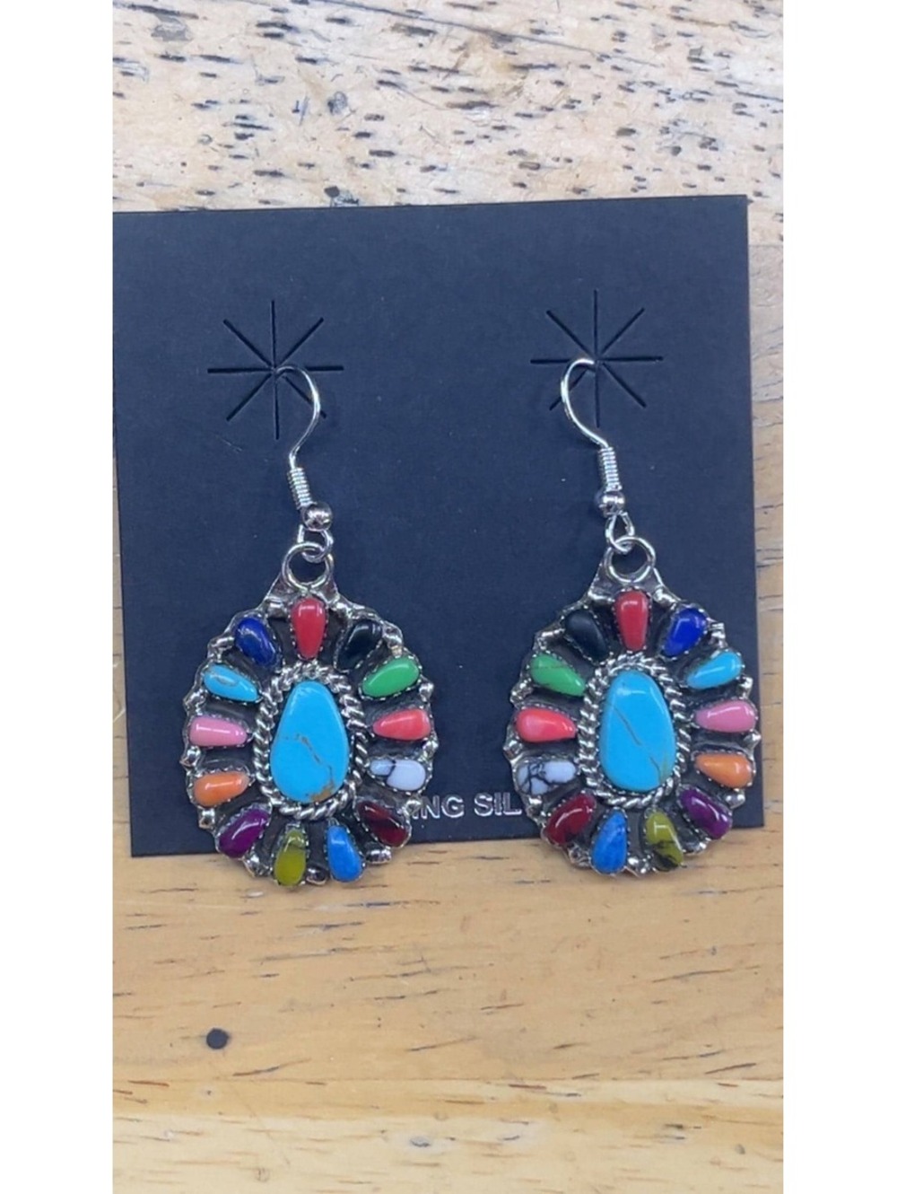 Navajo jewelry handmade sterling silver turquoise cluster earrings -Benally